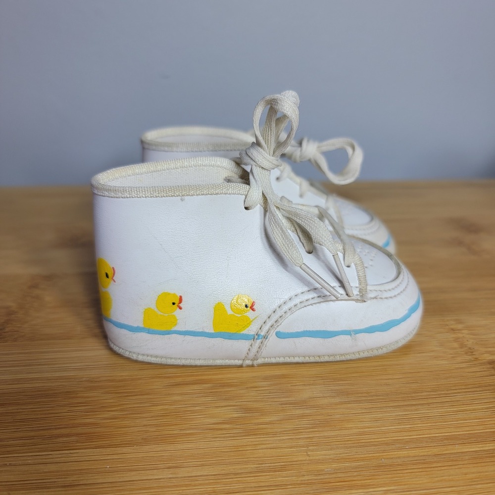 Vintage Baby Size 2 Yellow Rubber Duck High Top Walking Shoes White Boys Girls